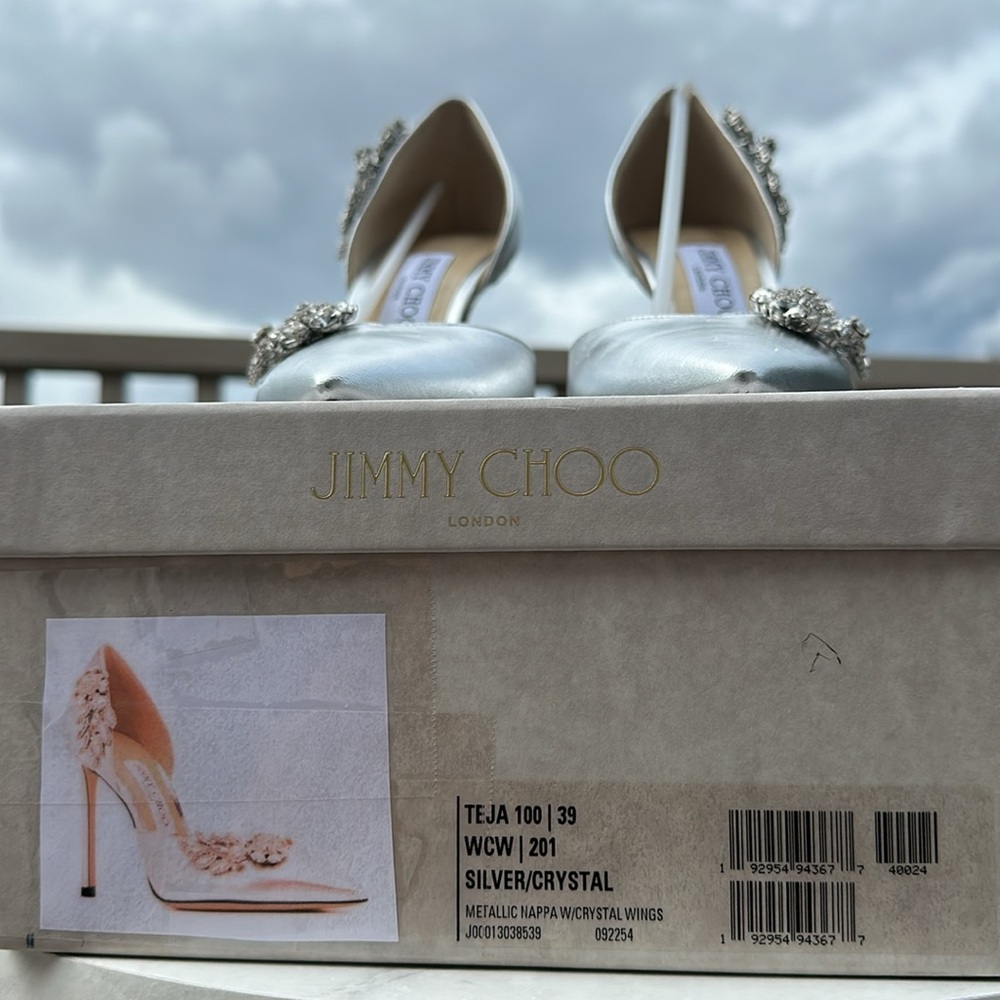 Jimmy Choo Silver Leather Teja Embellished Heels - Picture 2 of 12
